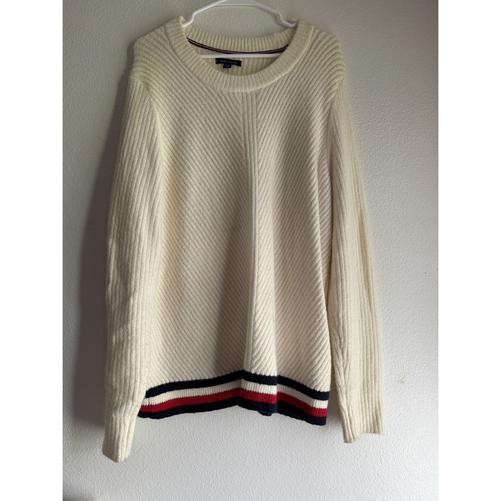 TOMMY HILFIGER Women's Sweater SIZE XL Wool Blend Cream Navy Red‎ Long Sleeve